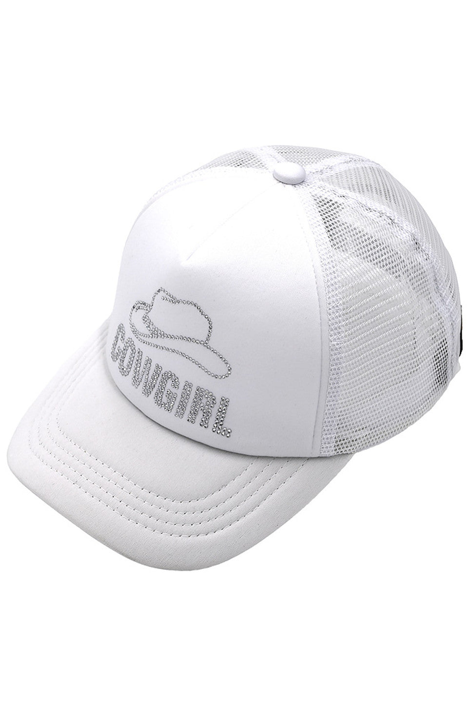 White C.C COW GIRL Rhinestone Trucker Cap features a stylish design and durable construction. With its rhinestone embellishments, this cap adds a touch of sparkle to any outfit. Stay cool and protected from the sun with its trucker-style mesh back. Perfect for any cowgirl or fashionista in need of a chic accessory.