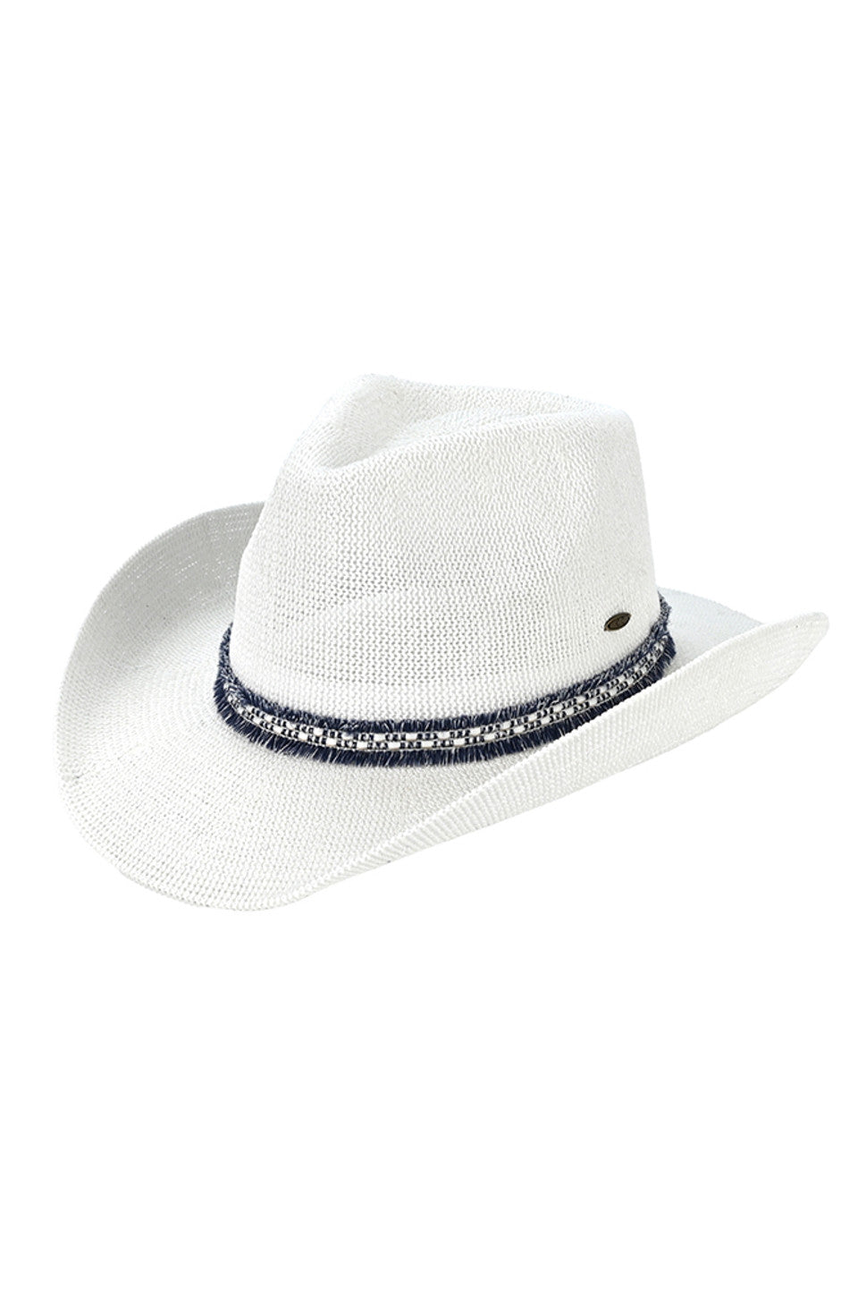 White C.C Cowboy Hat With Fringe Trim Bands features stylish fringe trim bands, adding a touch of western flair to any outfit. Made with quality materials, it offers both durability and fashion. Stay on trend and protected from the sun with this must-have accessory for any outdoor enthusiast.