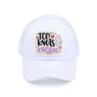 White C.C DISTRESSED TOP KNOTS AND COFFEE PATCH PONYCAP is an essential accessory for coffee lovers. Made with distressed fabric and a stylish top knot, it also features an embroidered coffee patch. Stay fashionable while showing off your love for coffee.
