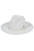 White C.C Leather String Rope Band Paper Panama Hat features a durable leather string rope band and is made of high-quality paper material. Perfect for a stylish yet practical accessory to protect from the sun's harmful rays. Expertly crafted, this hat showcases intricate details and is designed to last.