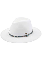 White C.C MULTI-THREAD RHINESTONE TRIM BAND PANAMA HAT is a must-have accessory for any fashion-forward individual. Crafted with multi-threaded material and adorned with stunning rhinestone trim, this hat adds a touch of elegance to any outfit. With its versatile design, it's perfect for any occasion and provides excellent sun protection.