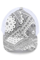 White C.C PAISLEY BANDANA CRISS CROSS PONYCAP is a stylish addition to any wardrobe. Its paisley bandana design adds a touch of retro flair, while the criss cross ponycap style keeps your hair out of your face. Made with high-quality materials, this cap not only looks great, but also provides comfort and durability. Elevate your fashion game with this must-have accessory.
