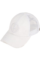 White C.C PEACE SIGN DISTRESSED PONY CAP - the perfect addition to your wardrobe for a trendy look. Made from high-quality materials, this cap features a peace sign design and distressed details that add character and edge to any outfit. Stay stylish and spread good vibes with this cap.