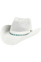 White C.C cowboy hat features a stunning rhinestone trim band, adding a touch of glamour to any outfit. Made with high-quality materials, this hat is durable and stylish, making it the perfect accessory for any outdoor event or ranch adventure. Stay protected from the sun while looking chic with this C.C cowboy hat.