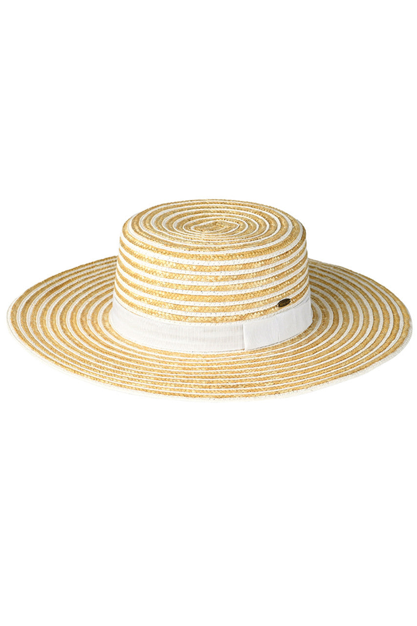 White C.C Stripe Pattern Boater Sun Hat offers both style and sun protection. Made with a trendy stripe pattern, this hat is perfect for any outdoor occasion. Crafted with high-quality materials, it provides optimal comfort and durability. Keep the sun off your face in style with this must-have accessory.