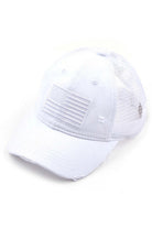 White C.C U.S.A EMBROIDERY American Flag PONYCAP features premium quality materials and intricate embroidery of the American flag, perfect for proudly representing your country. The cap's design is stylish and versatile, making it suitable for various occasions. Show your patriotism with pride and style.