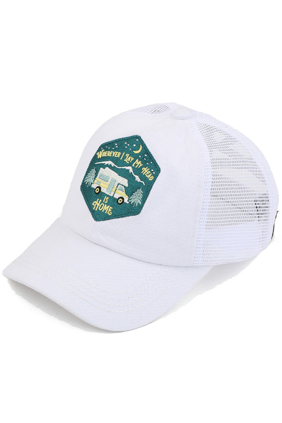 White C.C WHEREVER I LAY MY HEAD IS HOME PATCH PONY CAP is the perfect accessory for any outdoor adventure. Made with high-quality materials, this cap features a unique "home patch" design, providing comfort and sun protection. This stylish and practical pony cap shows off your love for the great outdoors.