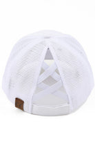 White C.C. WILD PATCH CRISS CROSS PONY CAP offers a stylish and functional way to keep your hair in place while out and about. The crisscross design adds a unique touch, while the wild patch adds a pop of colour to your outfit. Made with high-quality materials, this cap is durable and long-lasting.