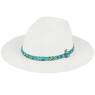 White Turquoise C.C Gem Stone Trim Band Straw Panama Sunhat, Keep your styles on even when relaxing at the pool or playing at the beach. Large, comfortable, and perfect for keeping the sun off your face, neck, and shoulders. Perfect summer, beach accessory. Ideal for travelers who are on vacation or just spending some time in the great outdoors. A great sunhat can keep you cool and comfortable even when the sun is high in the sky.