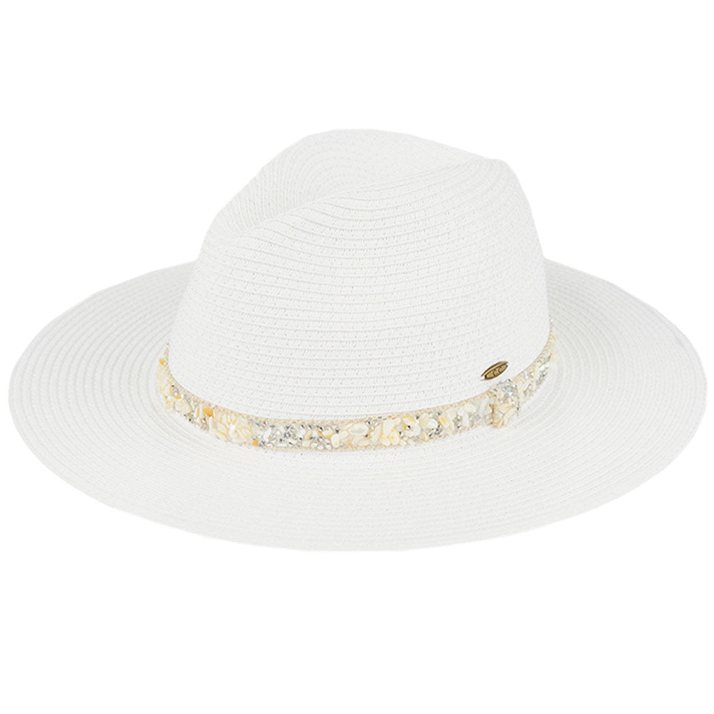 White Natural C.C Gem Stone Trim Band Straw Panama Sunhat, Keep your styles on even when relaxing at the pool or playing at the beach. Large, comfortable, and perfect for keeping the sun off your face, neck, and shoulders. Perfect summer, beach accessory. Ideal for travelers who are on vacation or just spending some time in the great outdoors. A great sunhat can keep you cool and comfortable even when the sun is high in the sky.