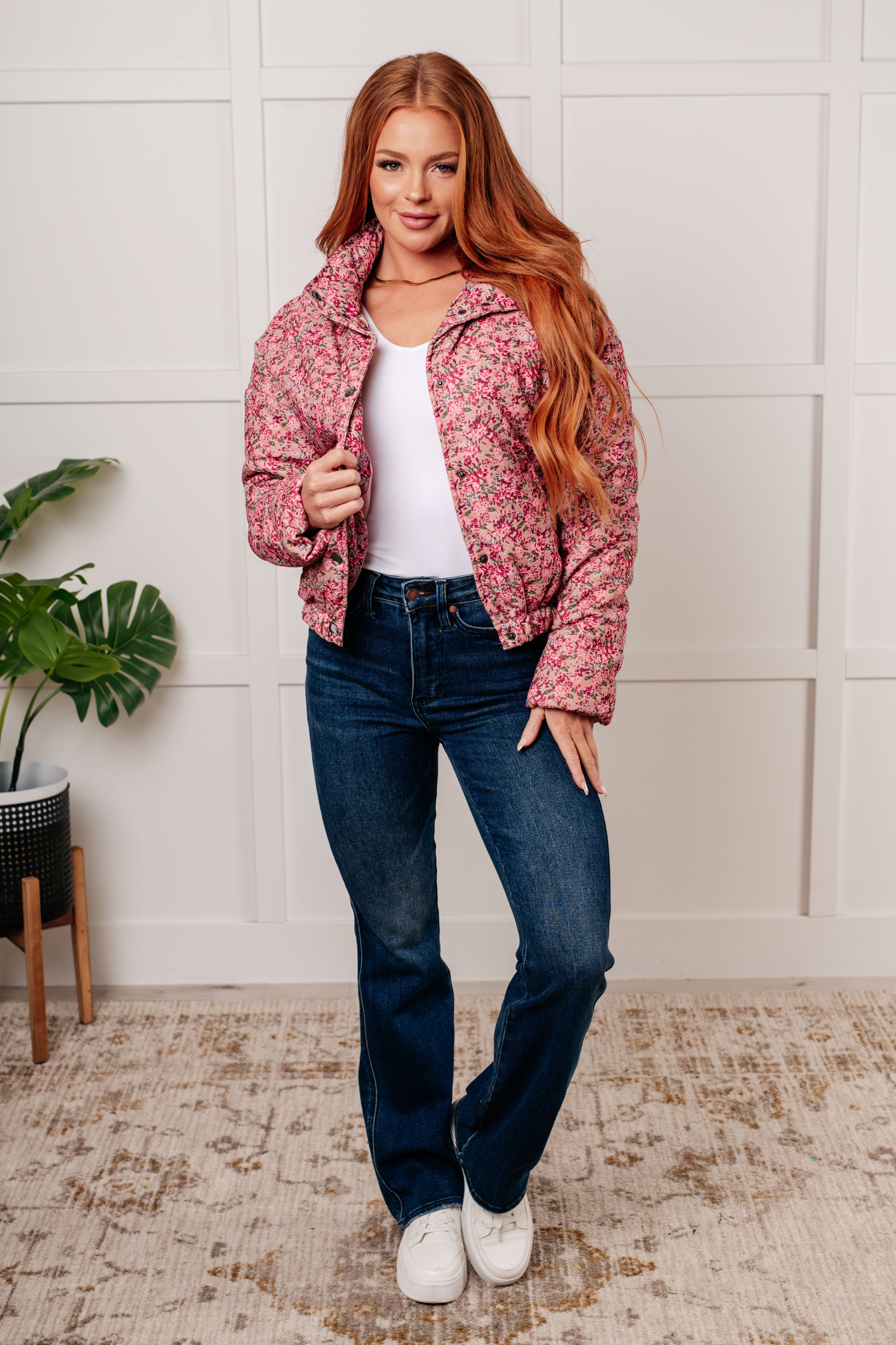 Wish Me Well Floral Printed Puffer Jacket in Rose Multi – Charming