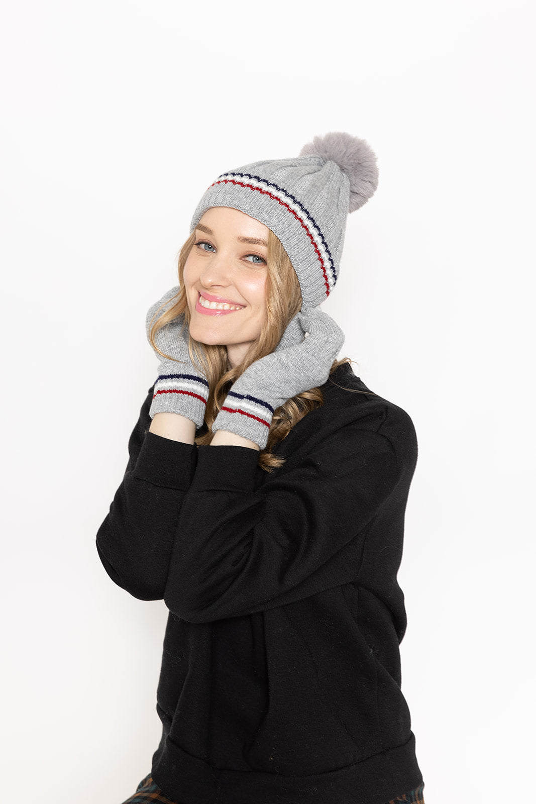 Stripe Rib Beanie With Faux Fur Pom