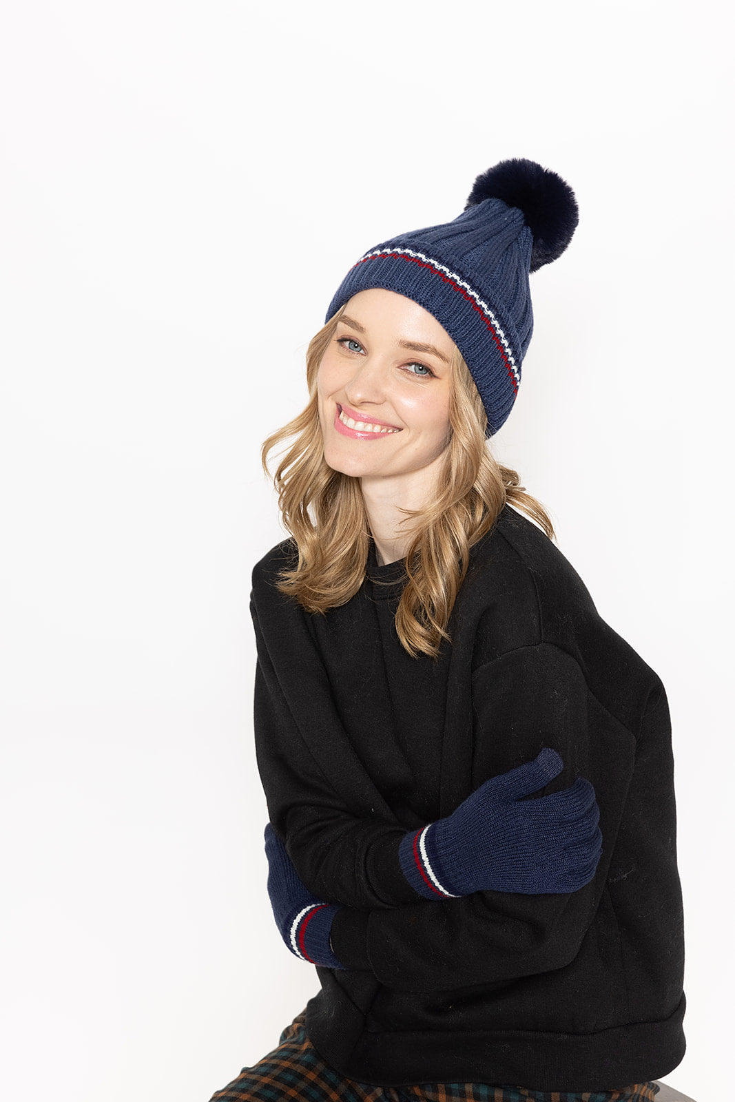 Stripe Rib Beanie With Faux Fur Pom