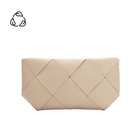 A small bone woven vegan leather clutch with a crossbody strap.