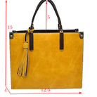 Yellow Large Shoulder Vegan Leather Tassel Handbag For Women. High quality Vegan Leather is a luxurious and durable, Stay organized in style with this square-shaped shopper tote bag that is fully two contrasting interior and exterior solid colors. This vegan leather handbag includes an on-trend removable tassel embellishment. Guaranteed, This will be your go-to handbag. 