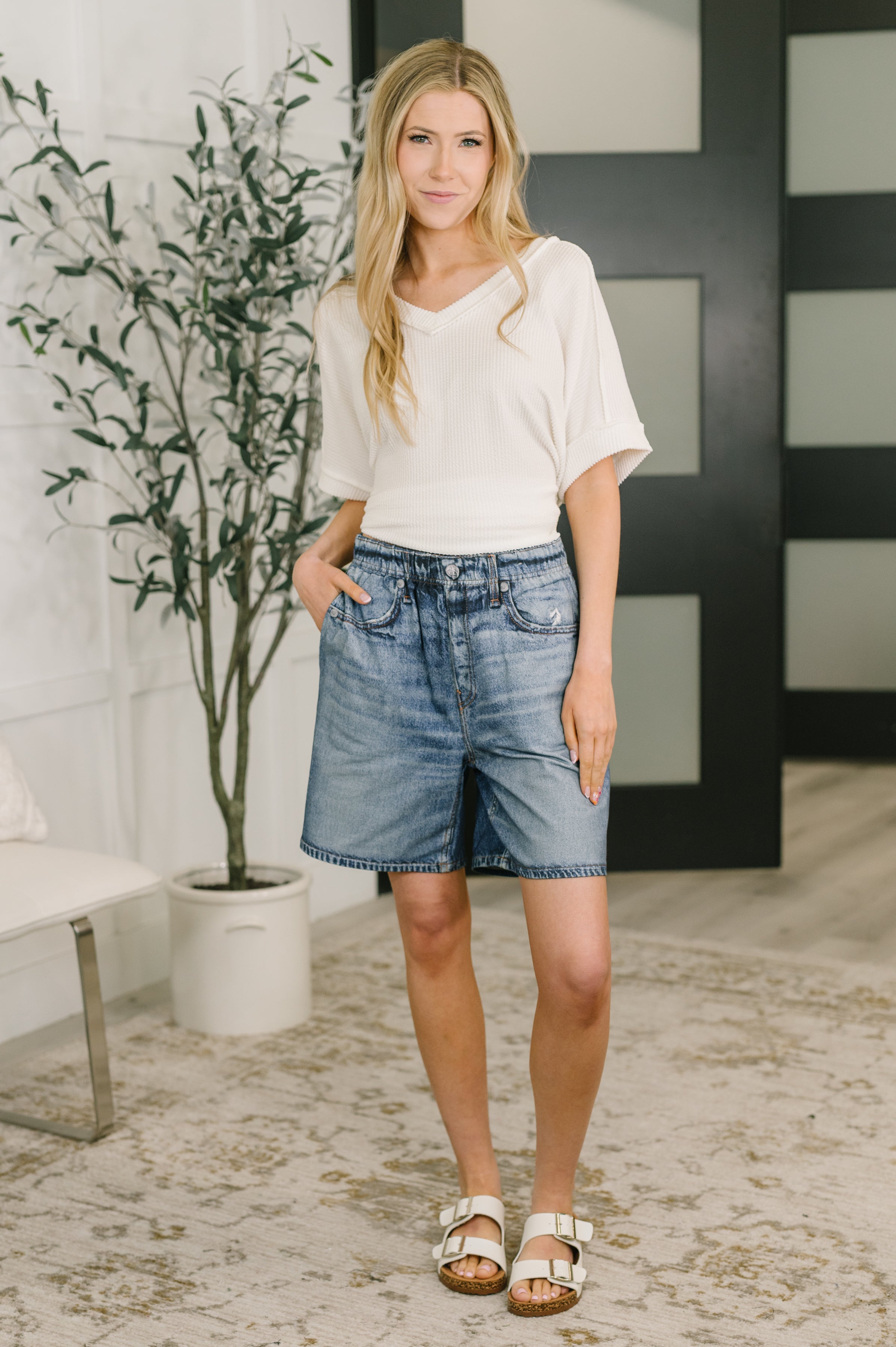 Zenim Printed High Waisted Shorts in Classic Denim - Charming Charlie