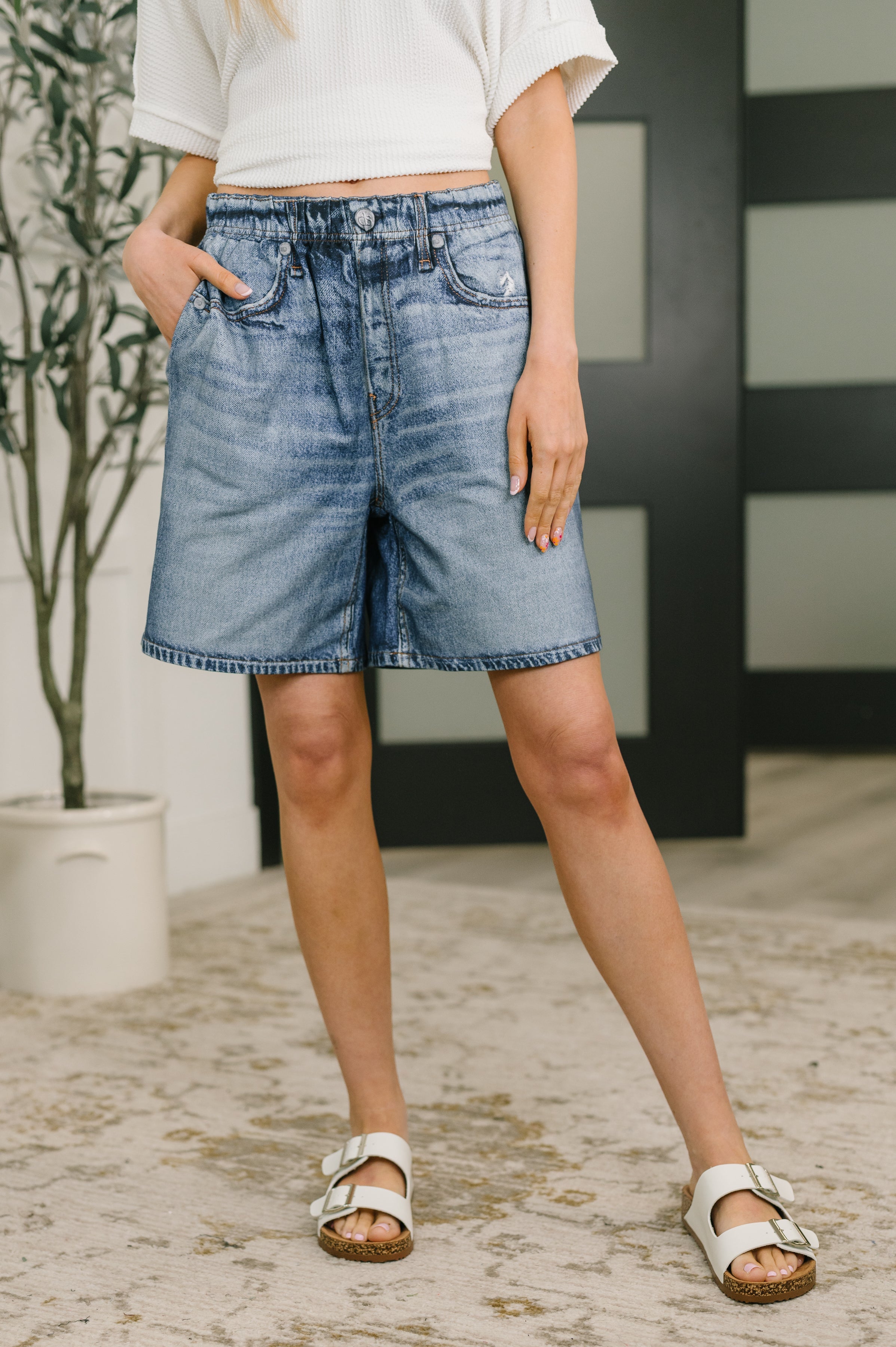Zenim Printed High Waisted Shorts in Classic Denim - Charming Charlie