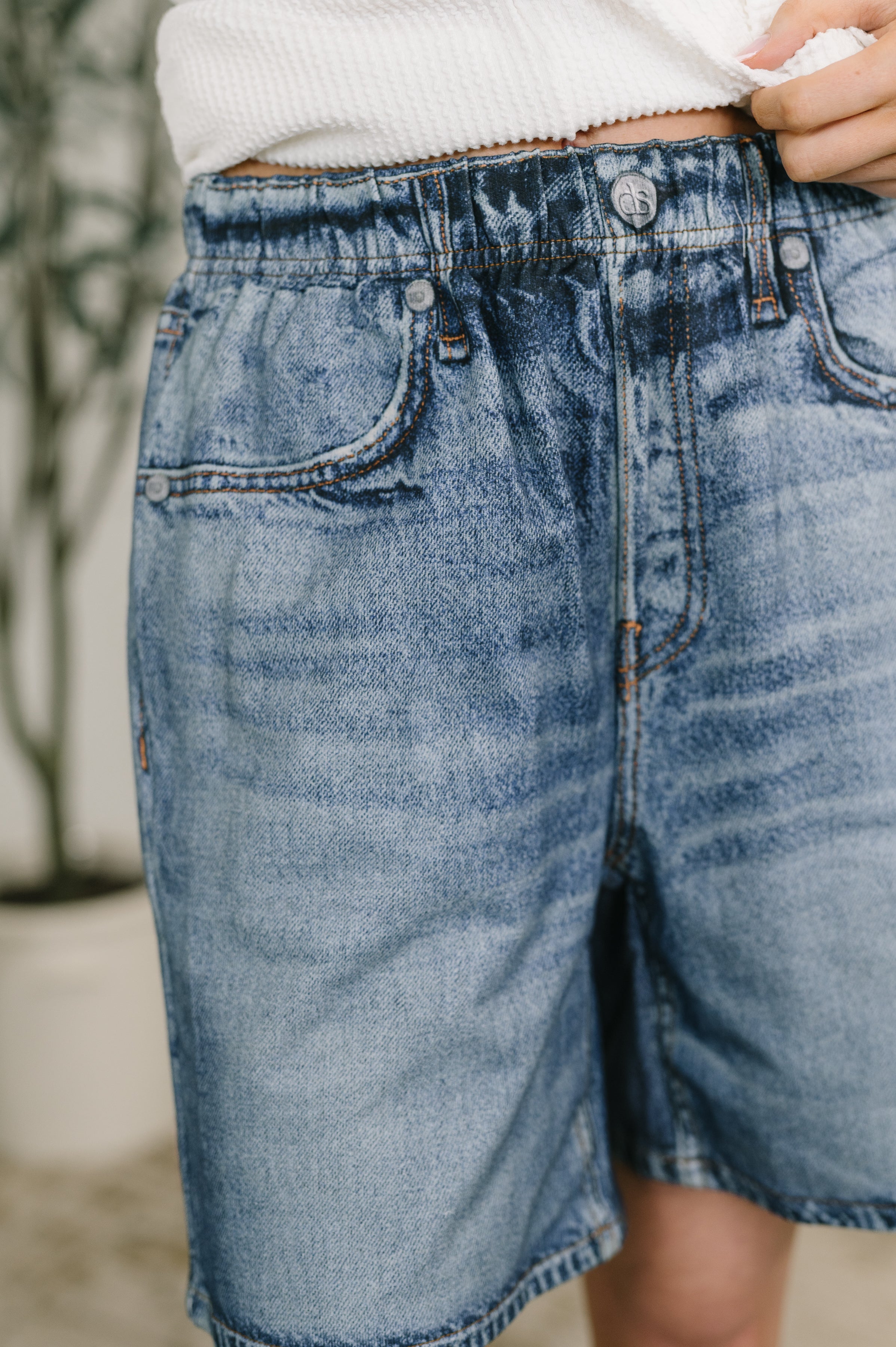 Zenim Printed High Waisted Shorts in Classic Denim - Charming Charlie