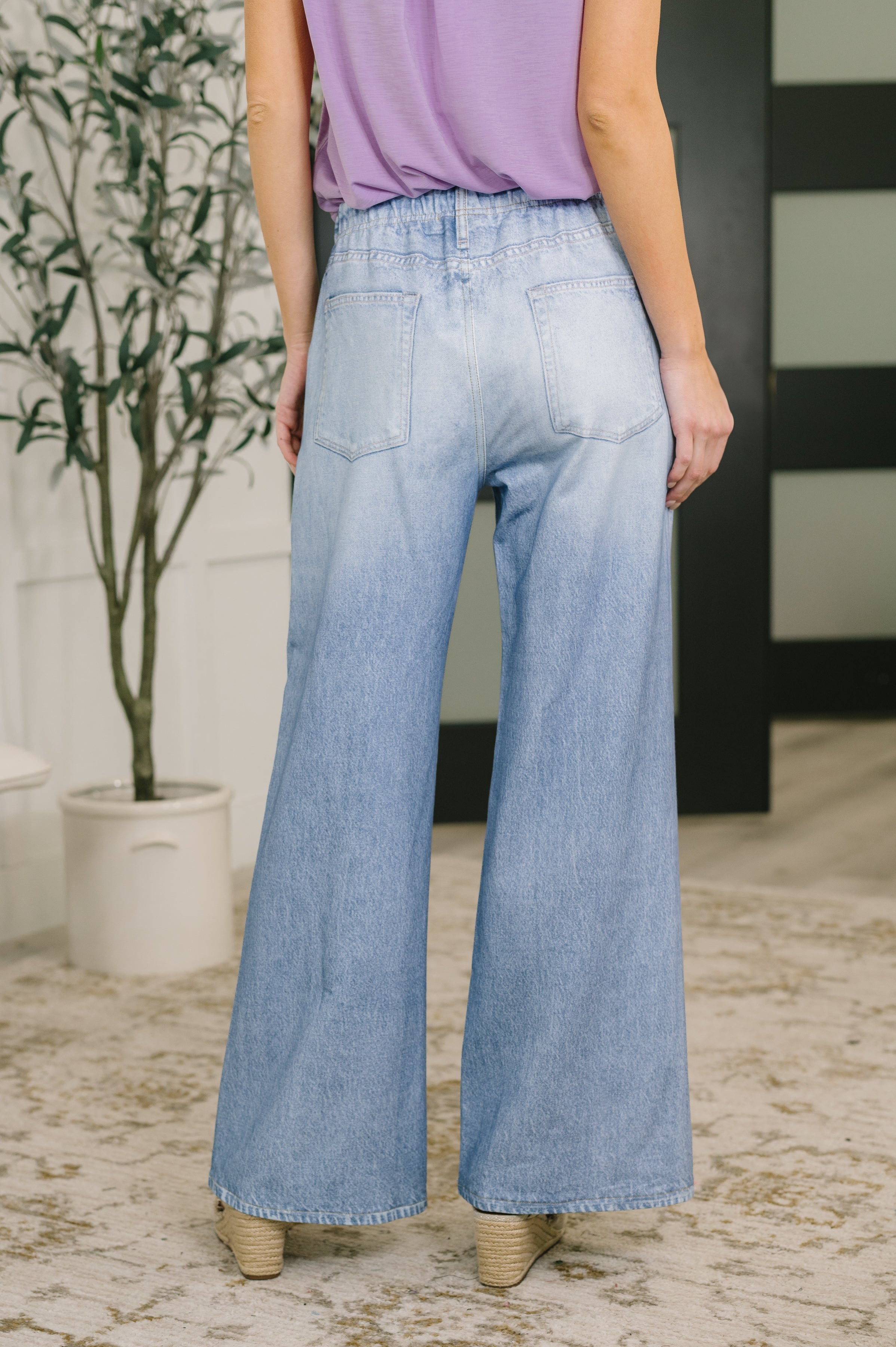 Zenim Printed Wide Leg Bottoms in Light Wash - Charming Charlie