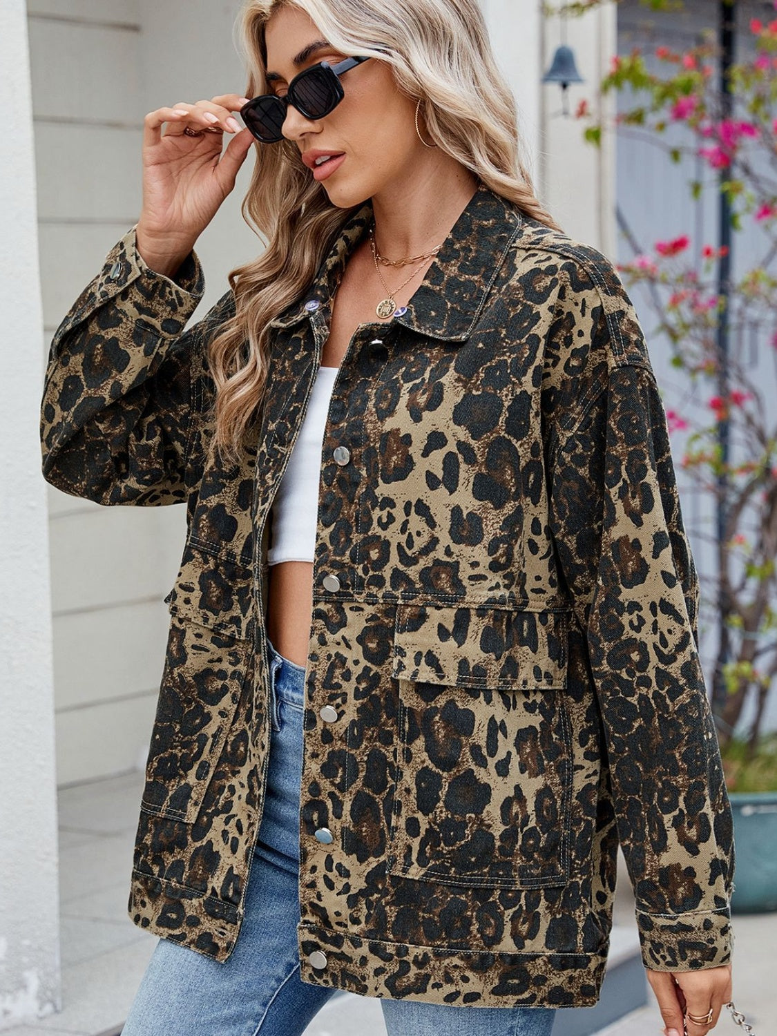 Leopard Button Up Drop Shoulder Denim Jacket – Charming Charlie