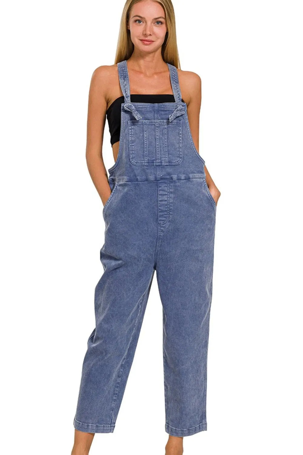 Zenana Washed Knot Strap Relaxed Fit Overalls – Charming Charlie