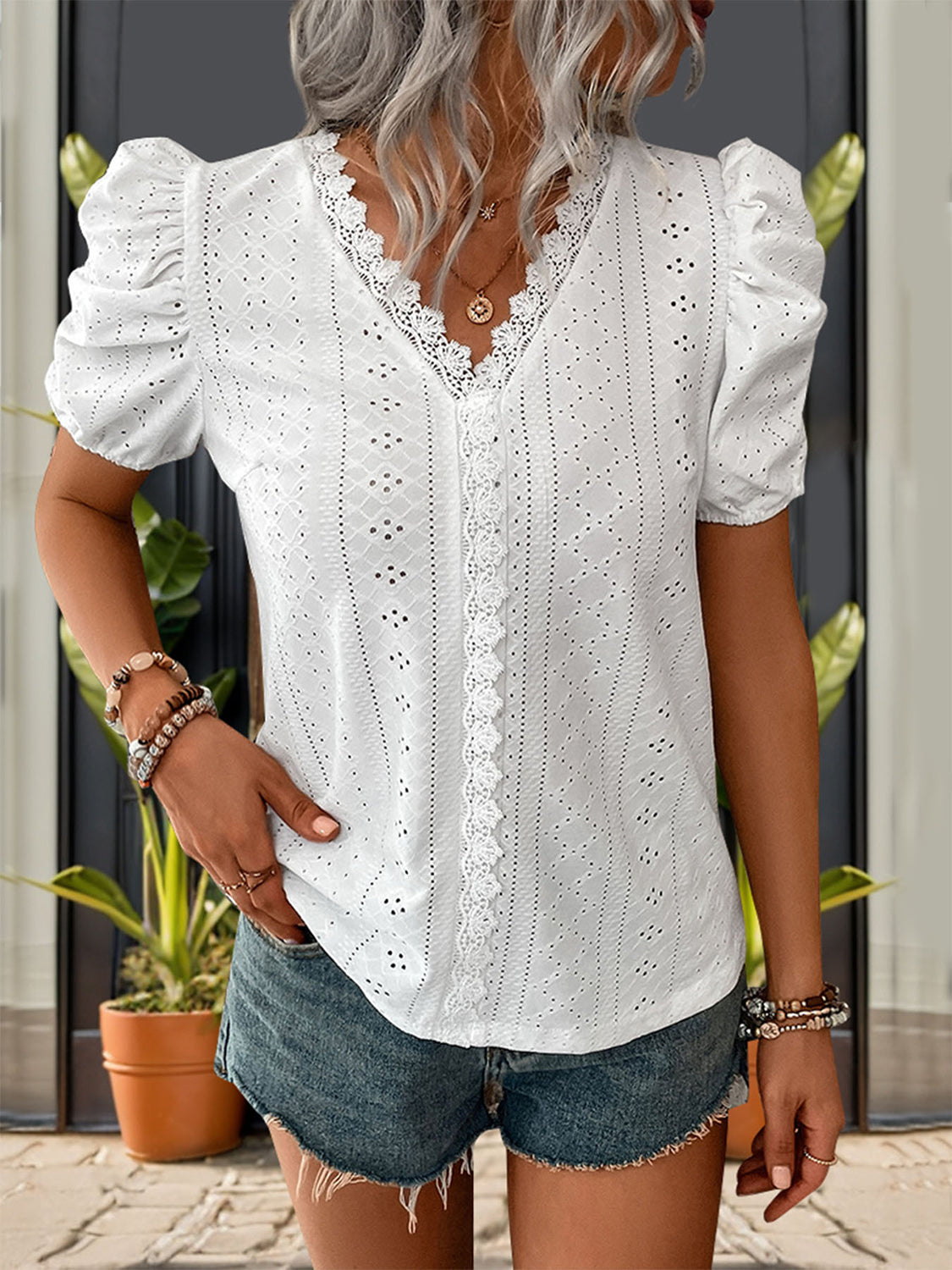 Lace Detail Eyelet V-Neck Short Sleeve Blouse - Charming Charlie