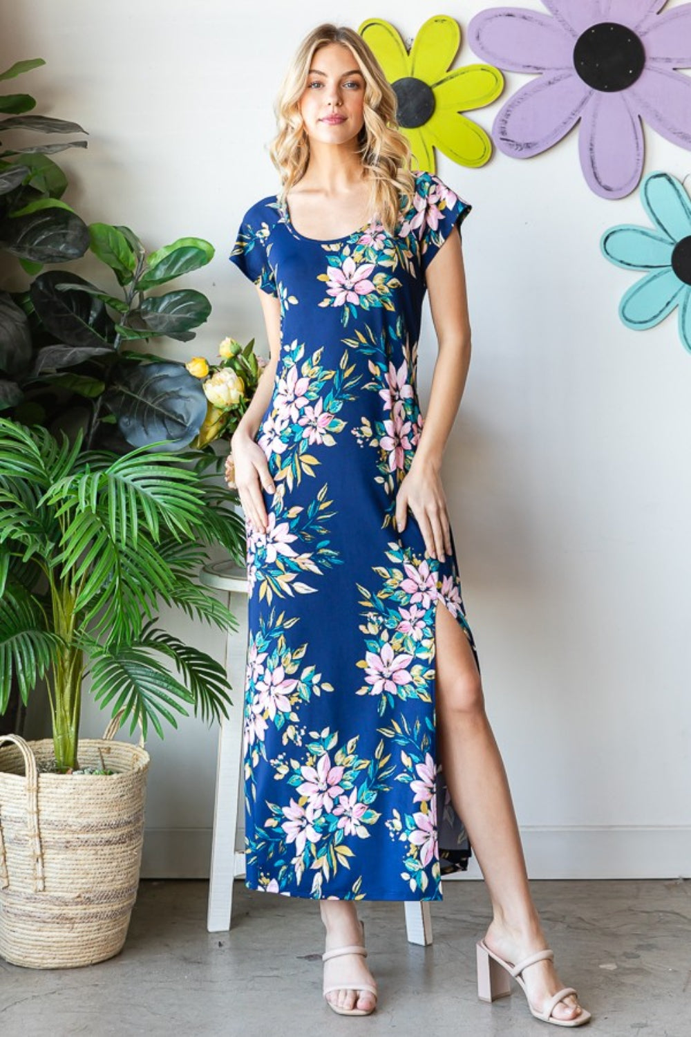 Heimish Full Size Floral Short Sleeve Slit Dress Navy Multi / 3XL Heimish Full Size Floral Short Sleeve Slit Dress Navy Multi / 3XL