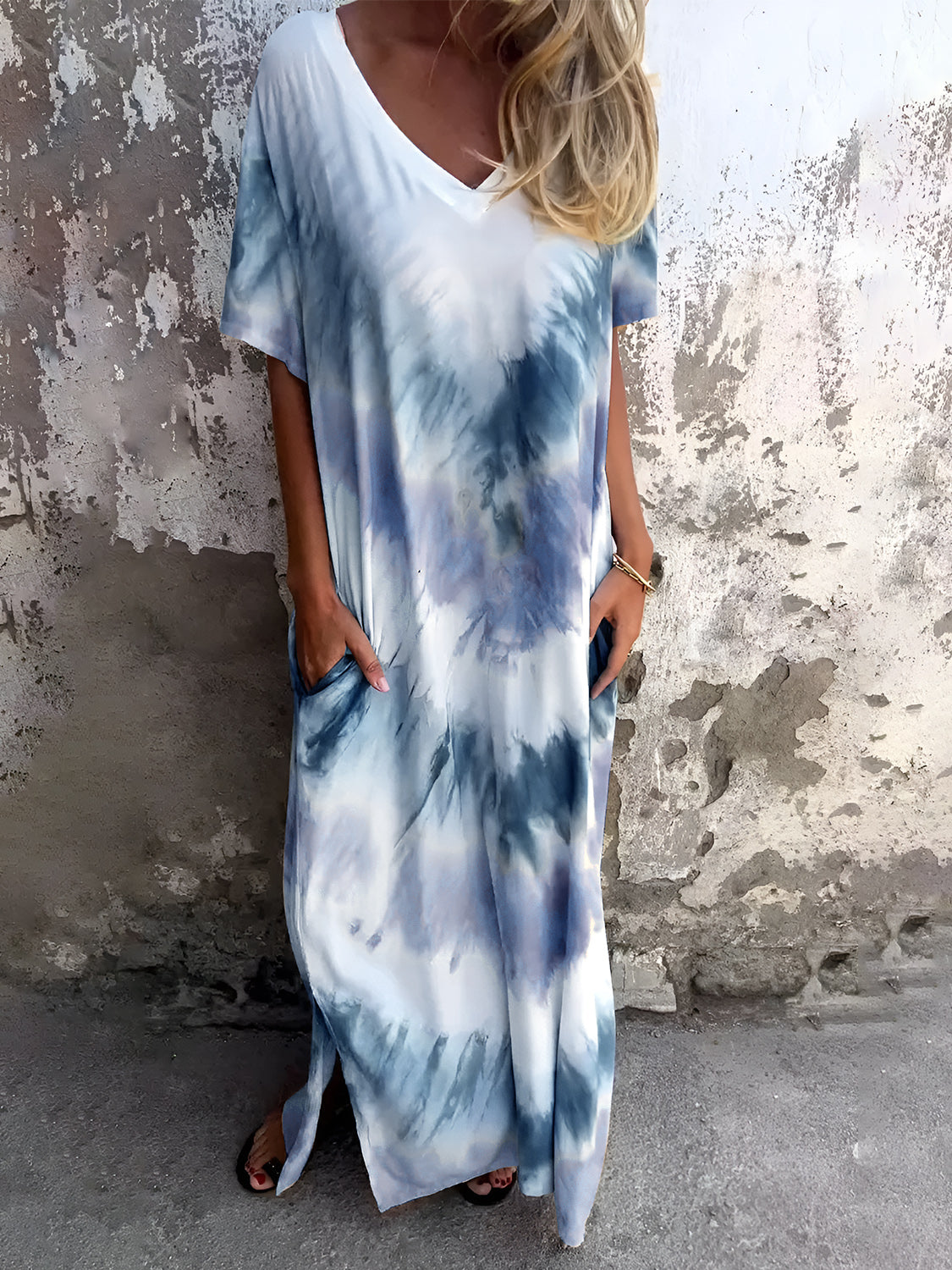 Full Size Pocketed Tie-Dye Short Sleeve Dress - Charming Charlie