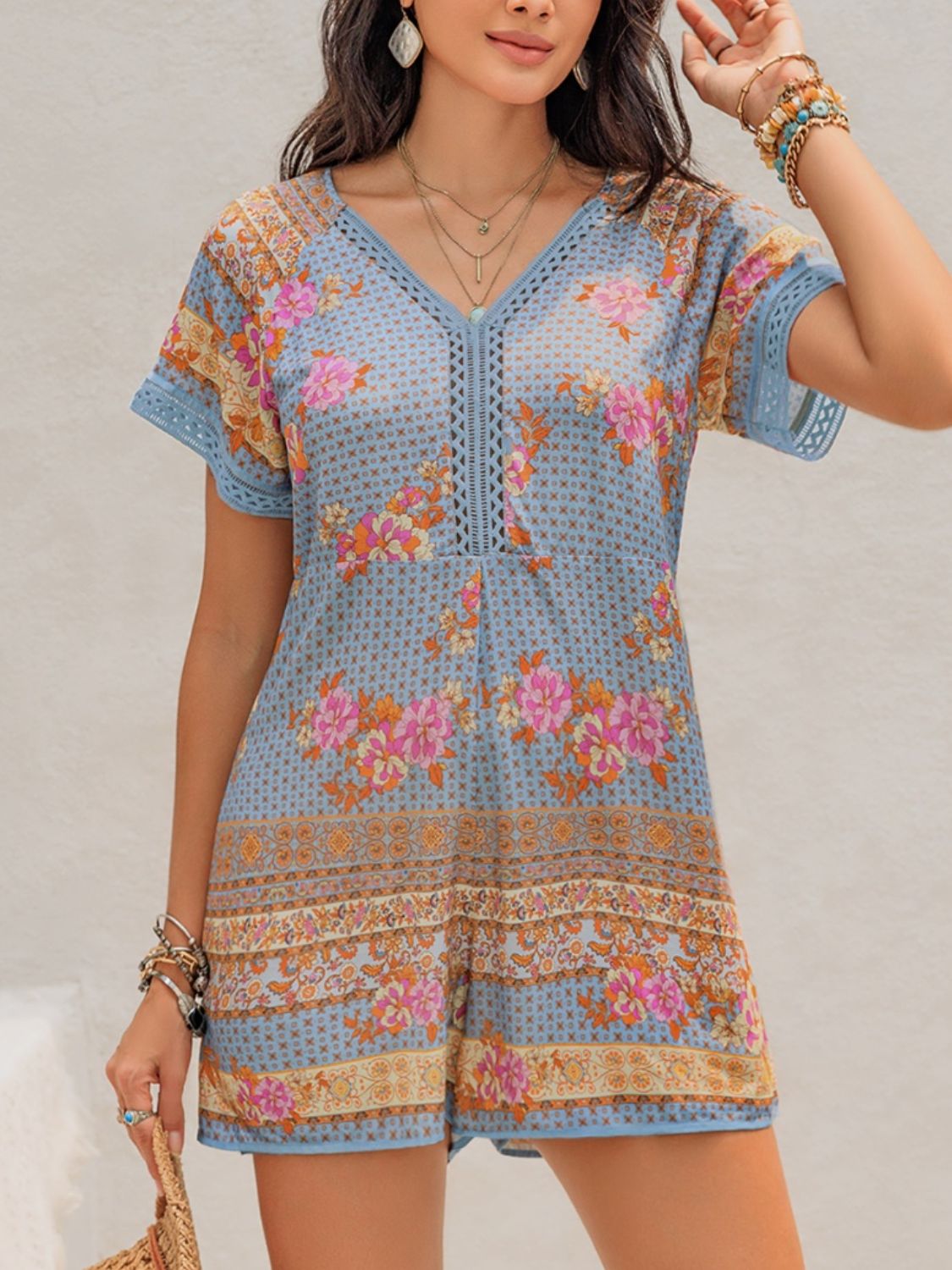 Printed V-Neck Short Sleeve Romper - Charming Charlie