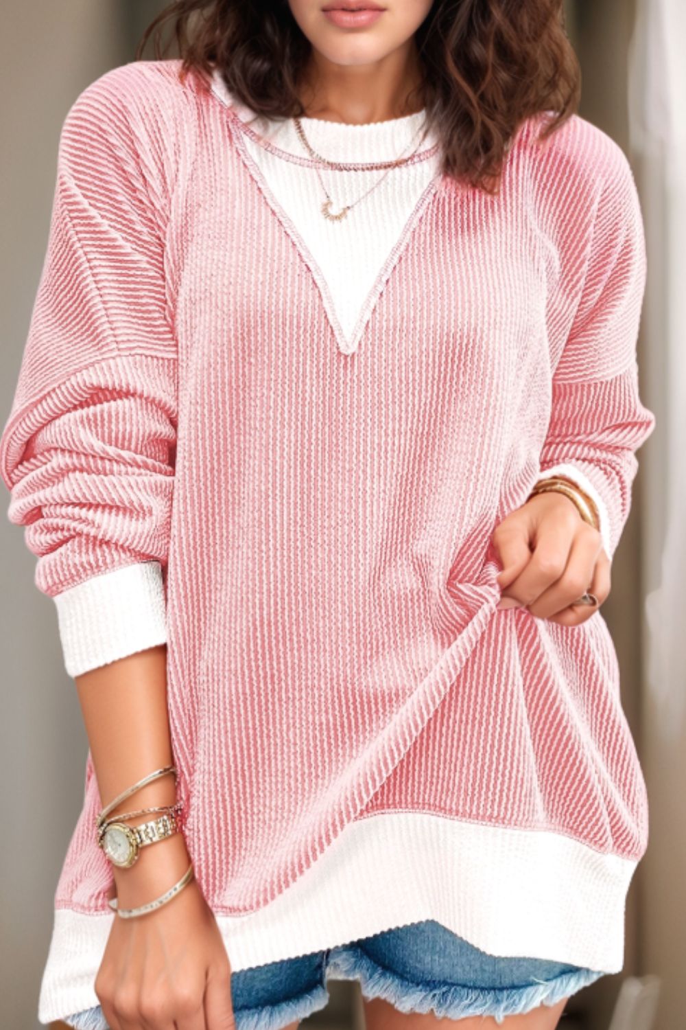 Contrast Round Neck Long Sleeve Sweatshirt - Charming Charlie