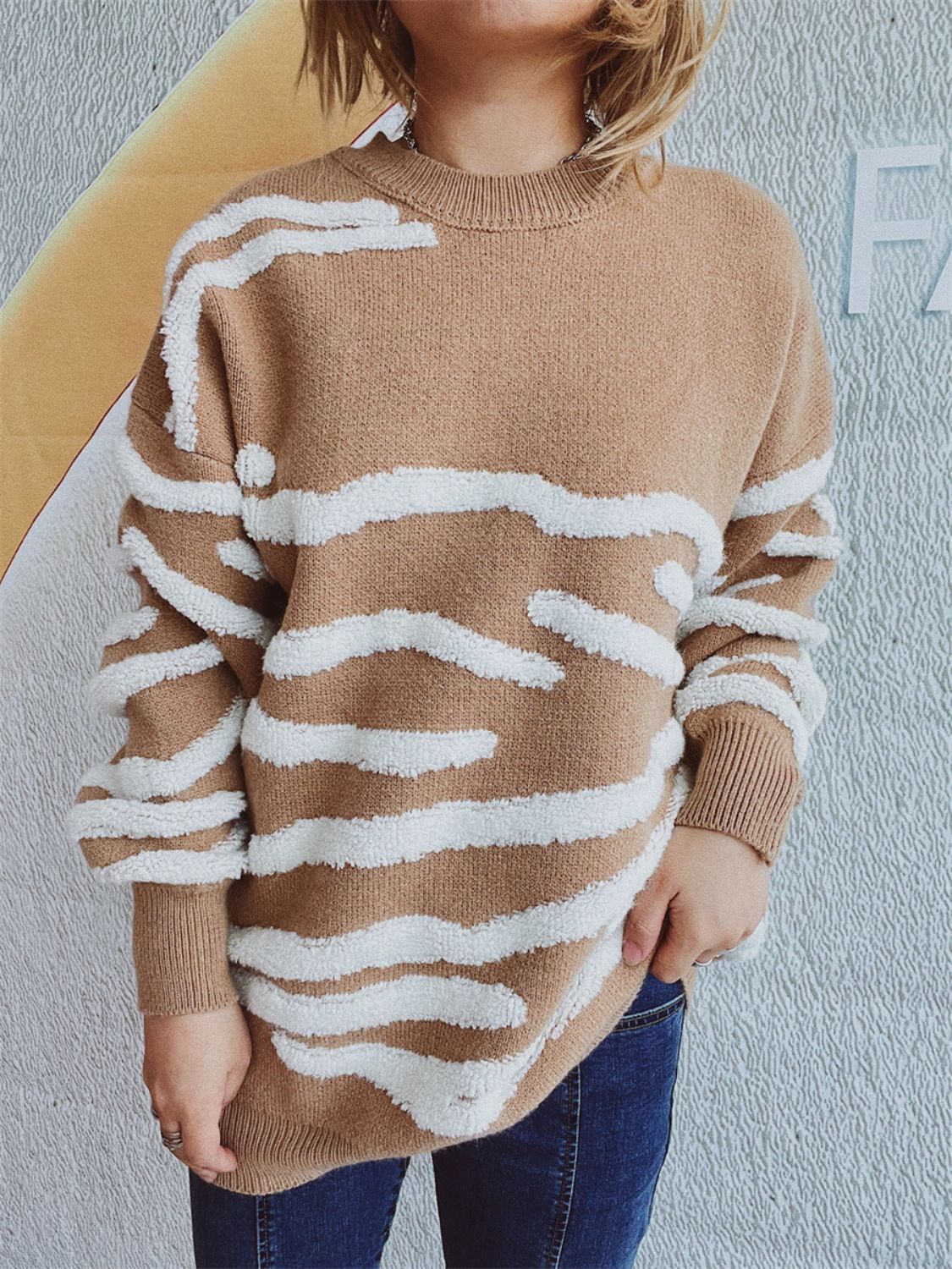 Contrast Round Neck Long Sleeve Sweater - Charming Charlie