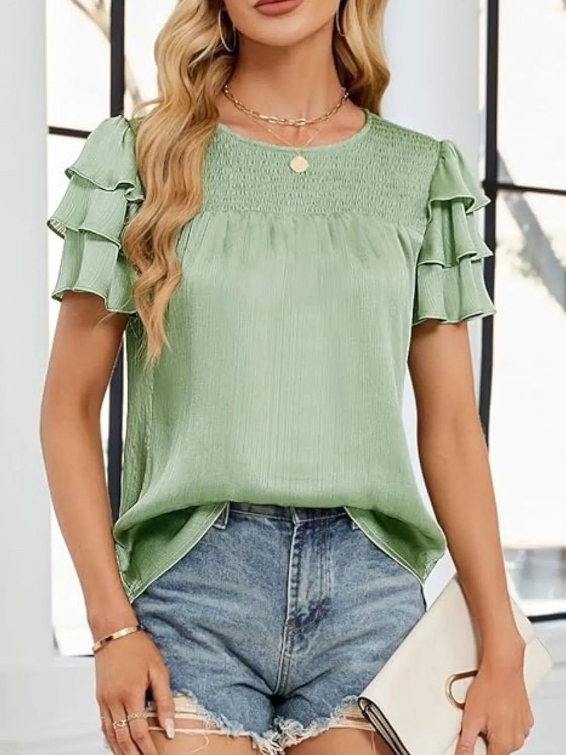 Smocked Flounce Sleeve Notched Neck Blouse