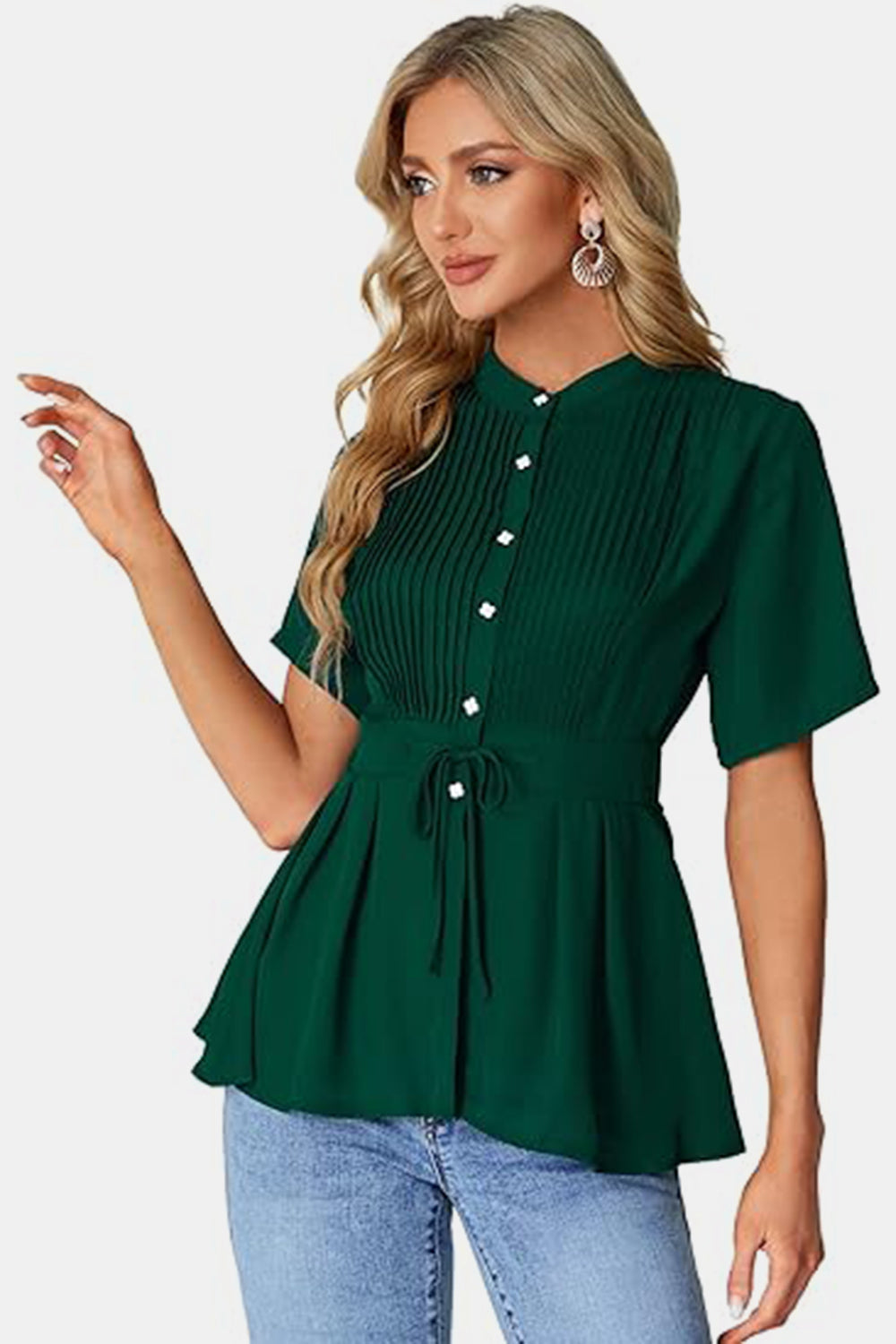 Tied Round Neck Short Sleeve Blouse - Charming Charlie