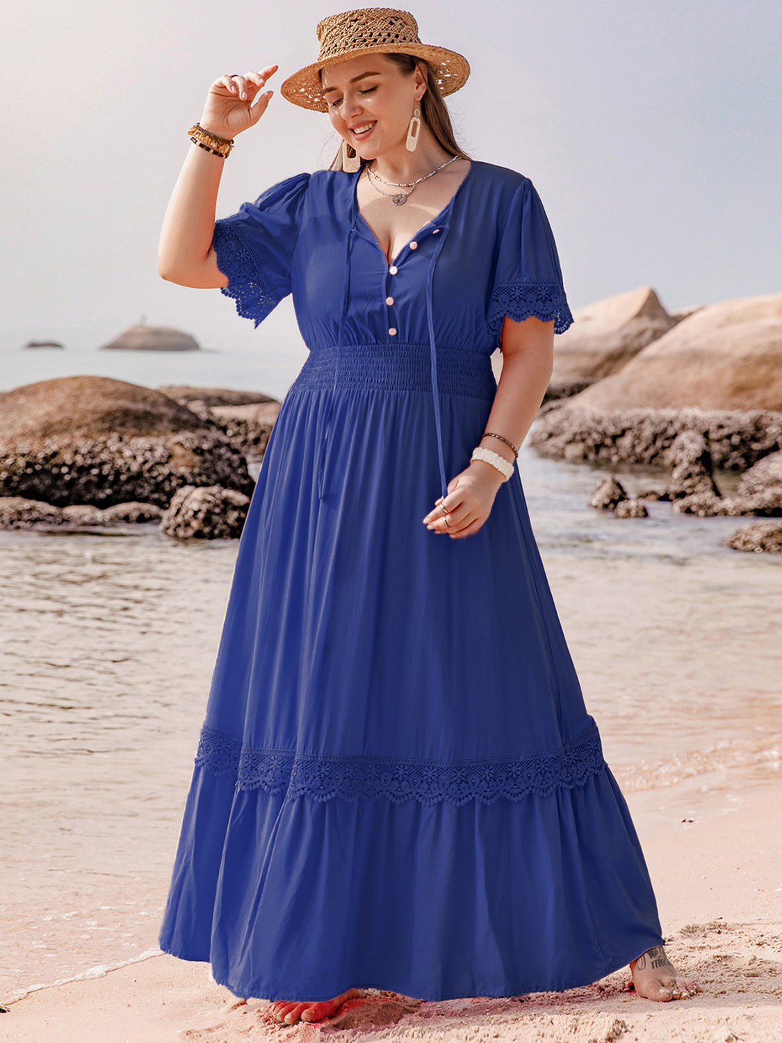 Plus Size Lace Detail Tie Neck Short Sleeve Maxi Dress – Charming