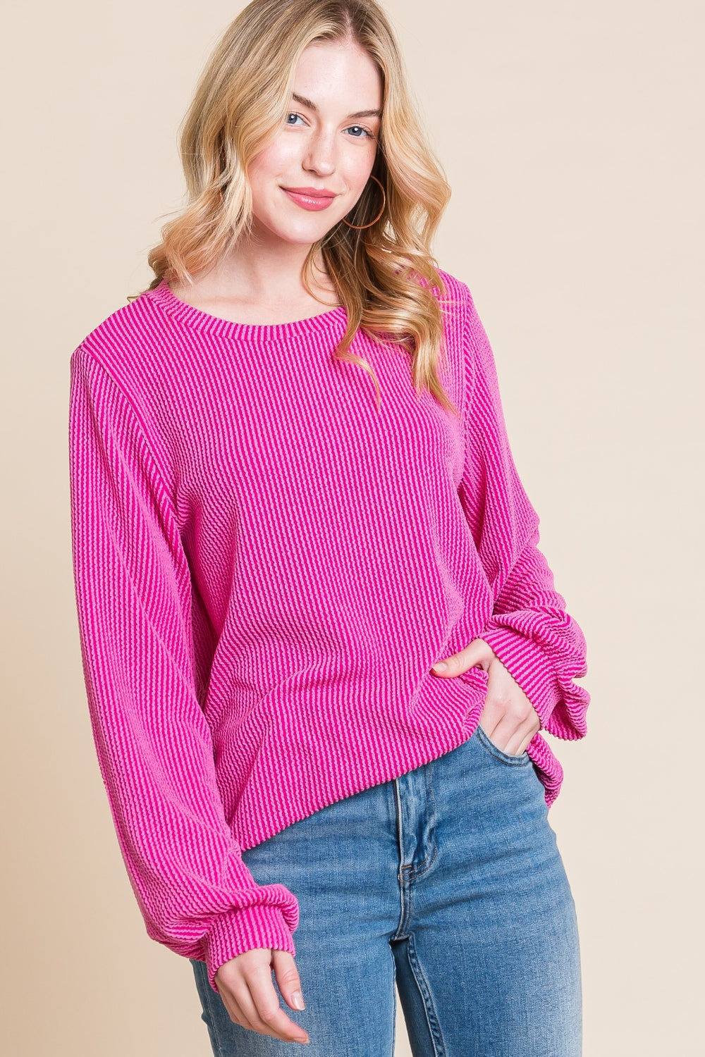 BOMBOM Long Sleeve Curved Hem Ribbed T-Shirt - Charming Charlie