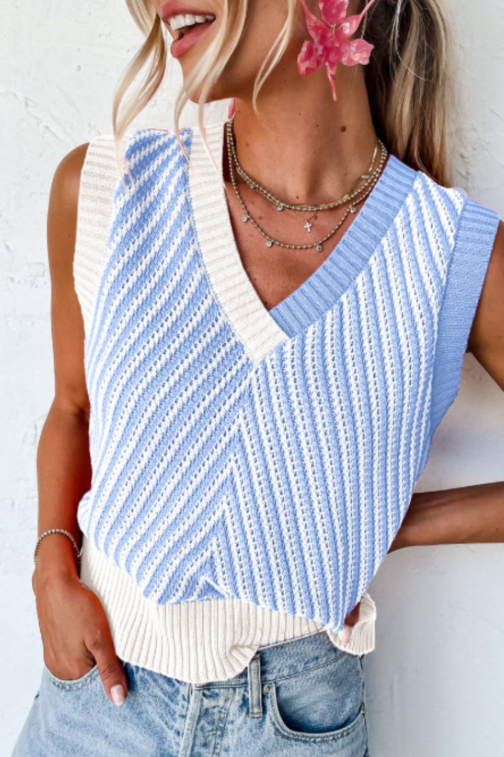 Striped Contrast V-Neck Sweater Vest – Charming Charlie