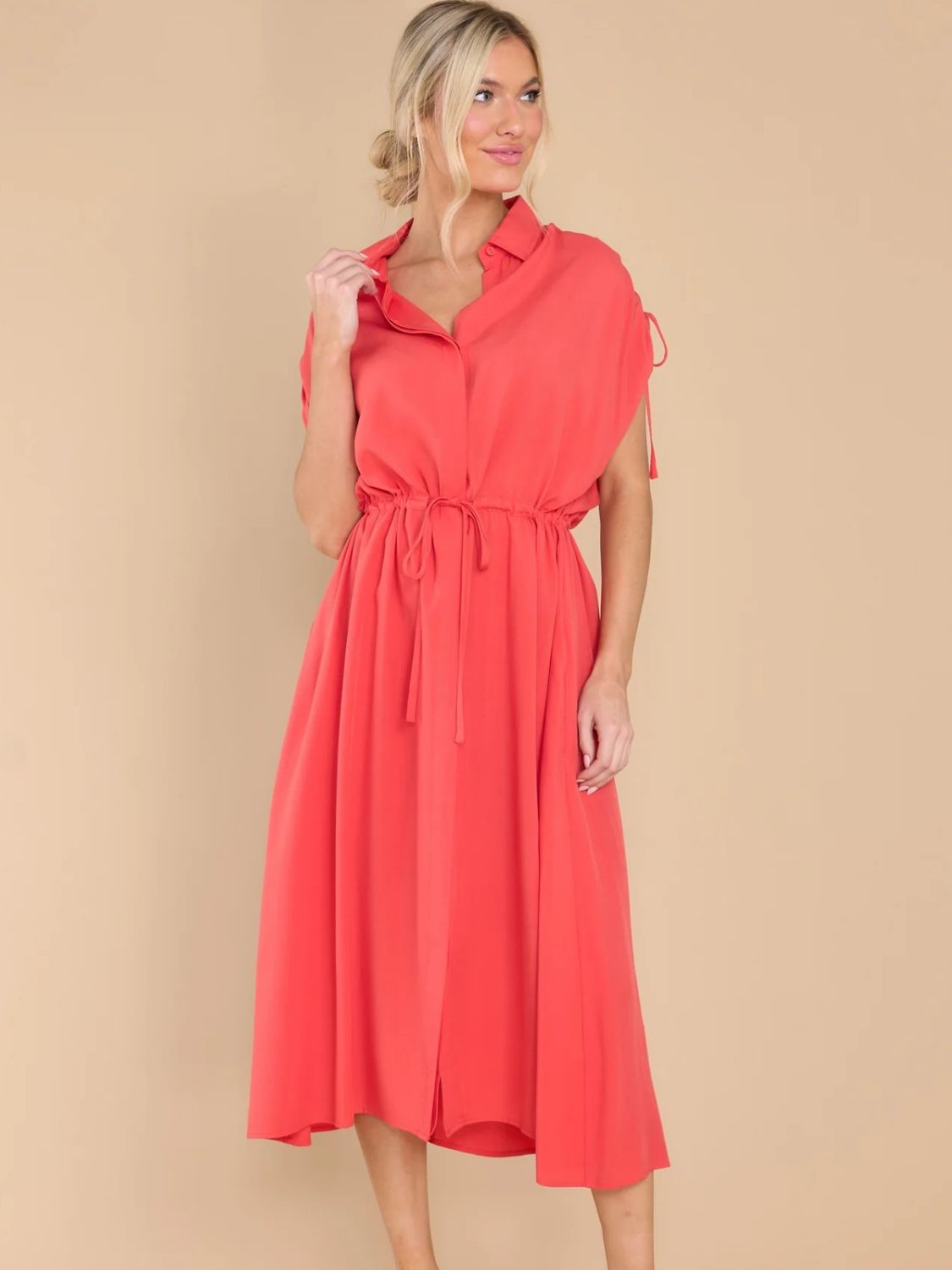 Drawstring Collared Neck Short Sleeve Midi Dress – Charming Charlie
