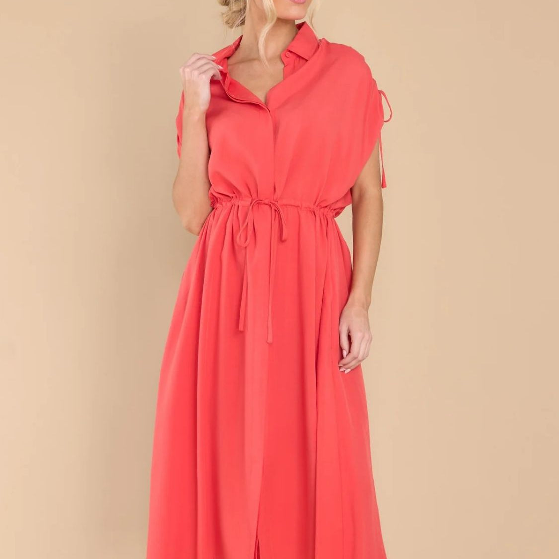 Drawstring Collared Neck Short Sleeve Midi Dress – Charming Charlie