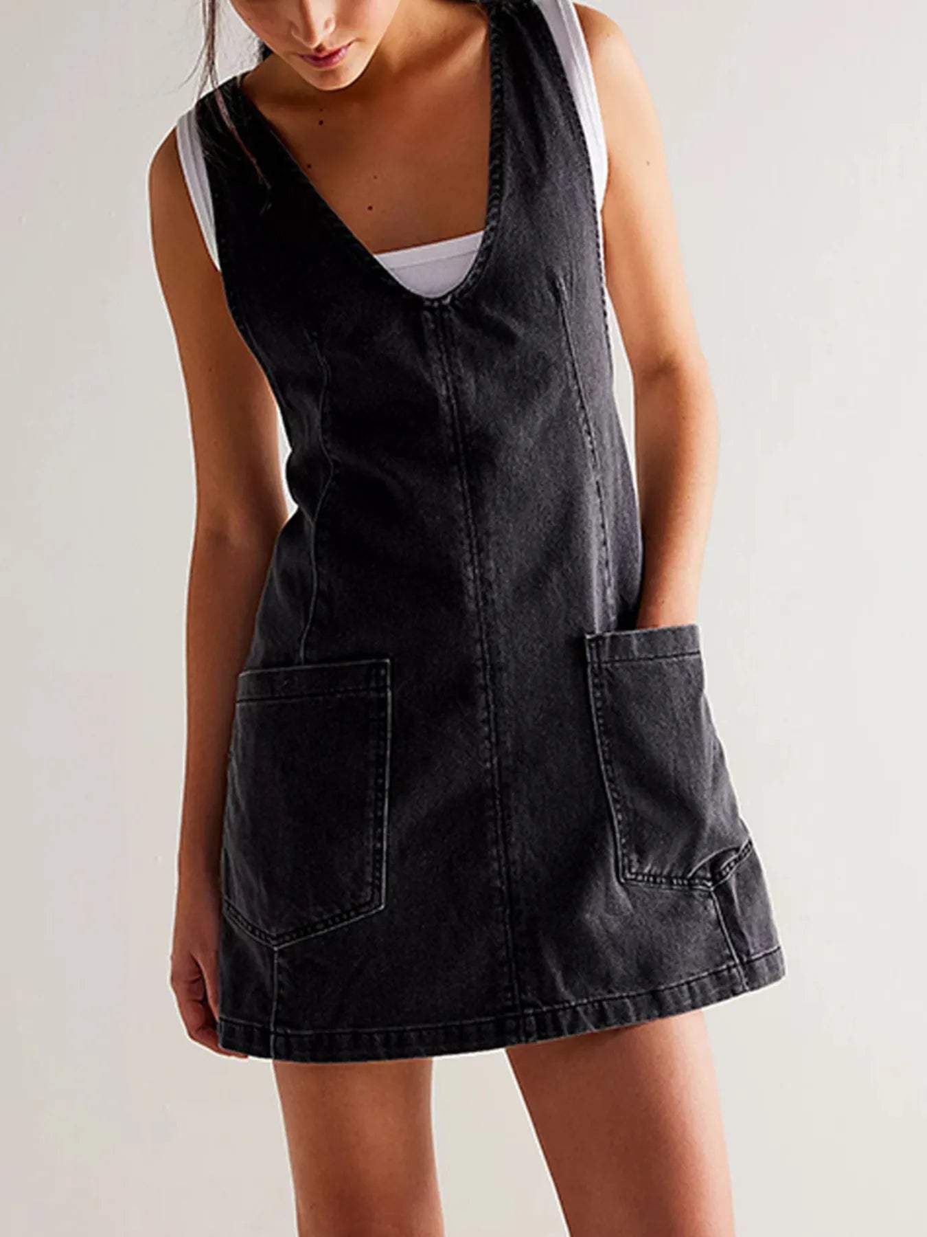 Oversized V-Neck Denim Tank Dress with Front Pockets Oversized V-Neck Denim Tank Dress with Front Pockets
