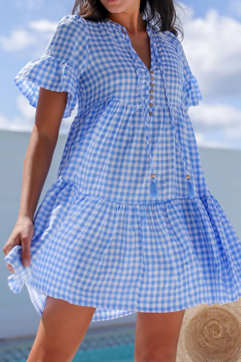 loose short dress Gingham Short Sleeve Button Tie Split Neck Loose Mini Dress – Charming Charlie