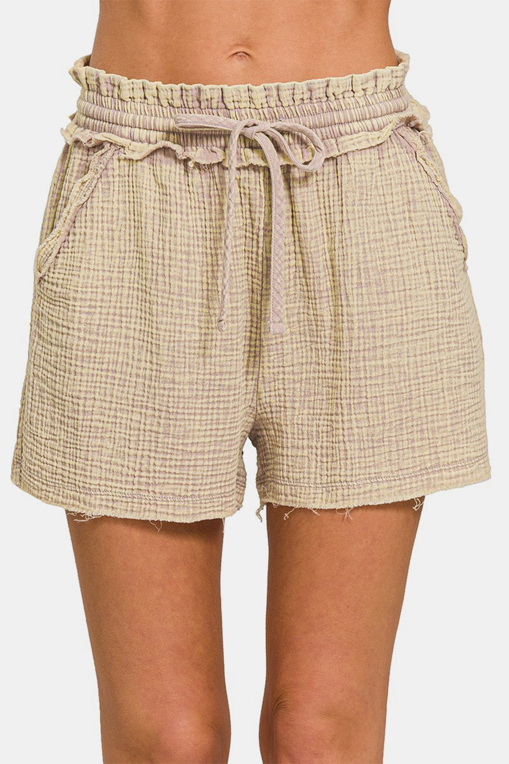 Zenana Washed Frayed Hem Drawstring Shorts - Charming Charlie