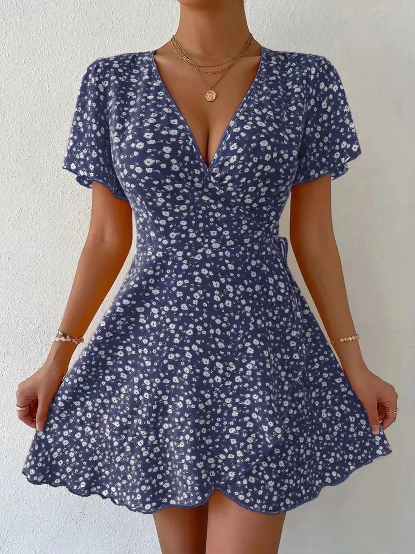poplar flutter sleeve mini dress Floral Flutter Sleeve Wrap Mini Dress Burgundy / L