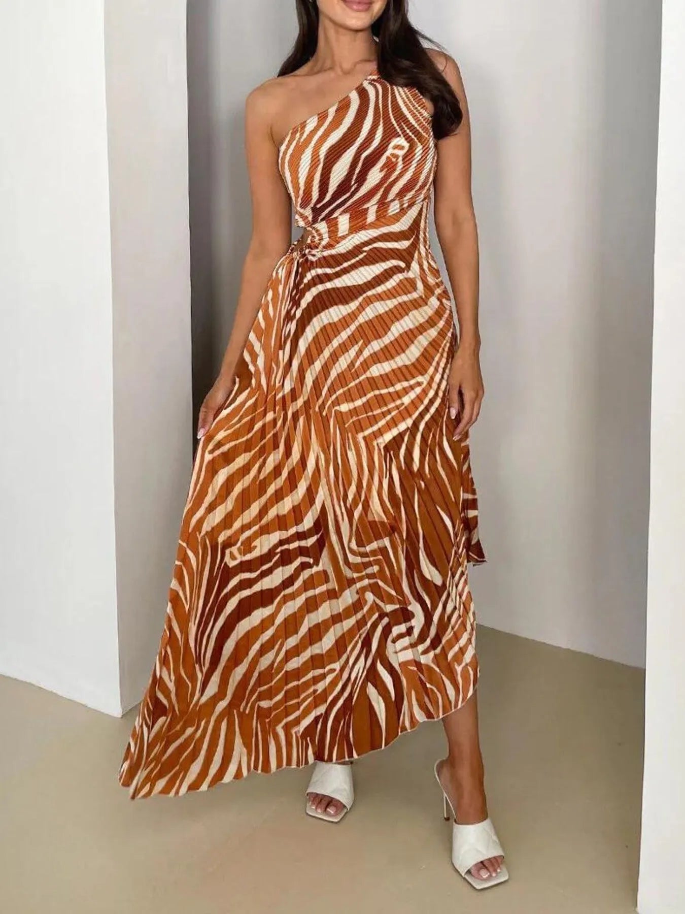 Printed One Shoulder Asymmetrical Maxi Dress Caramel / 2XL