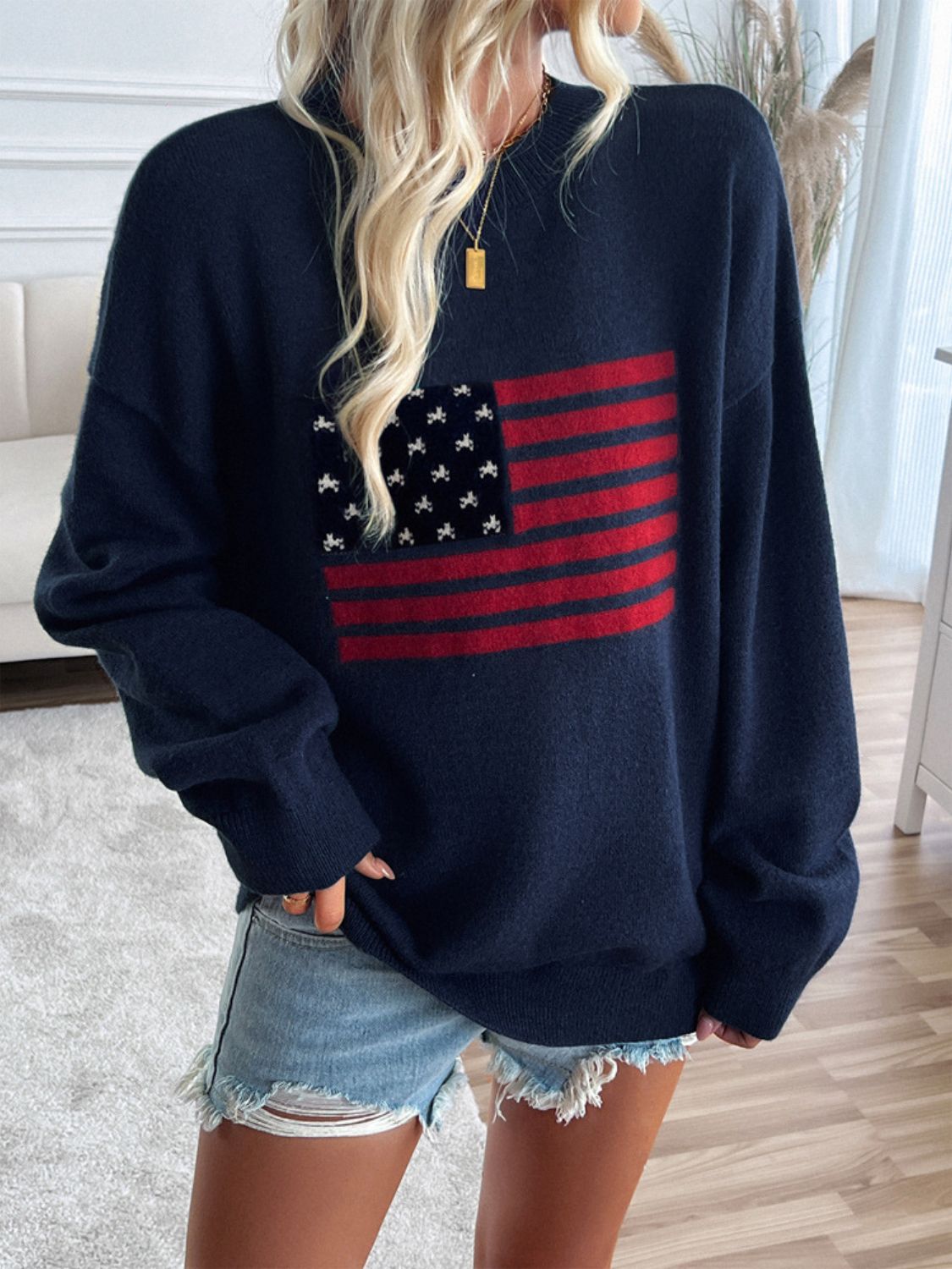 Devine US Flag Round Neck Long Sleeve Knit Top - Charming Charlie