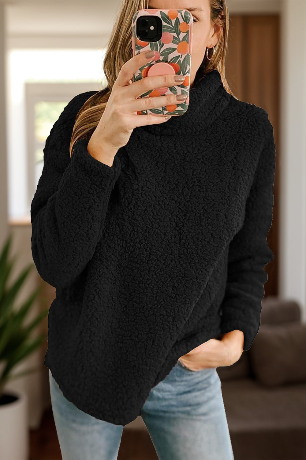Fuzzy Turtleneck Long Sleeve Sweatshirt - Charming Charlie