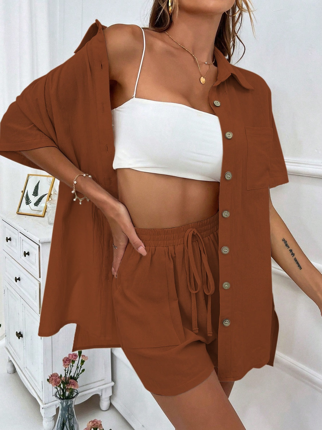 Button Up Half Sleeve Top and Shorts Set - Charming Charlie