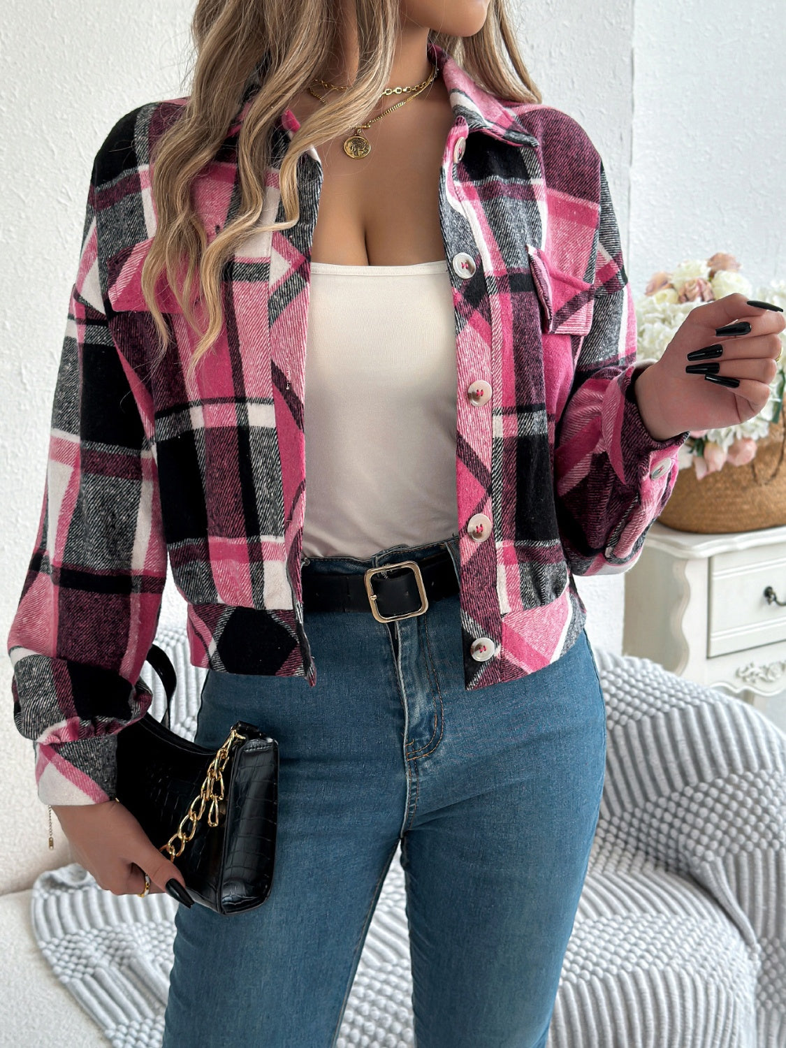 Plaid Button Up Long Sleeve Jacket - Charming Charlie