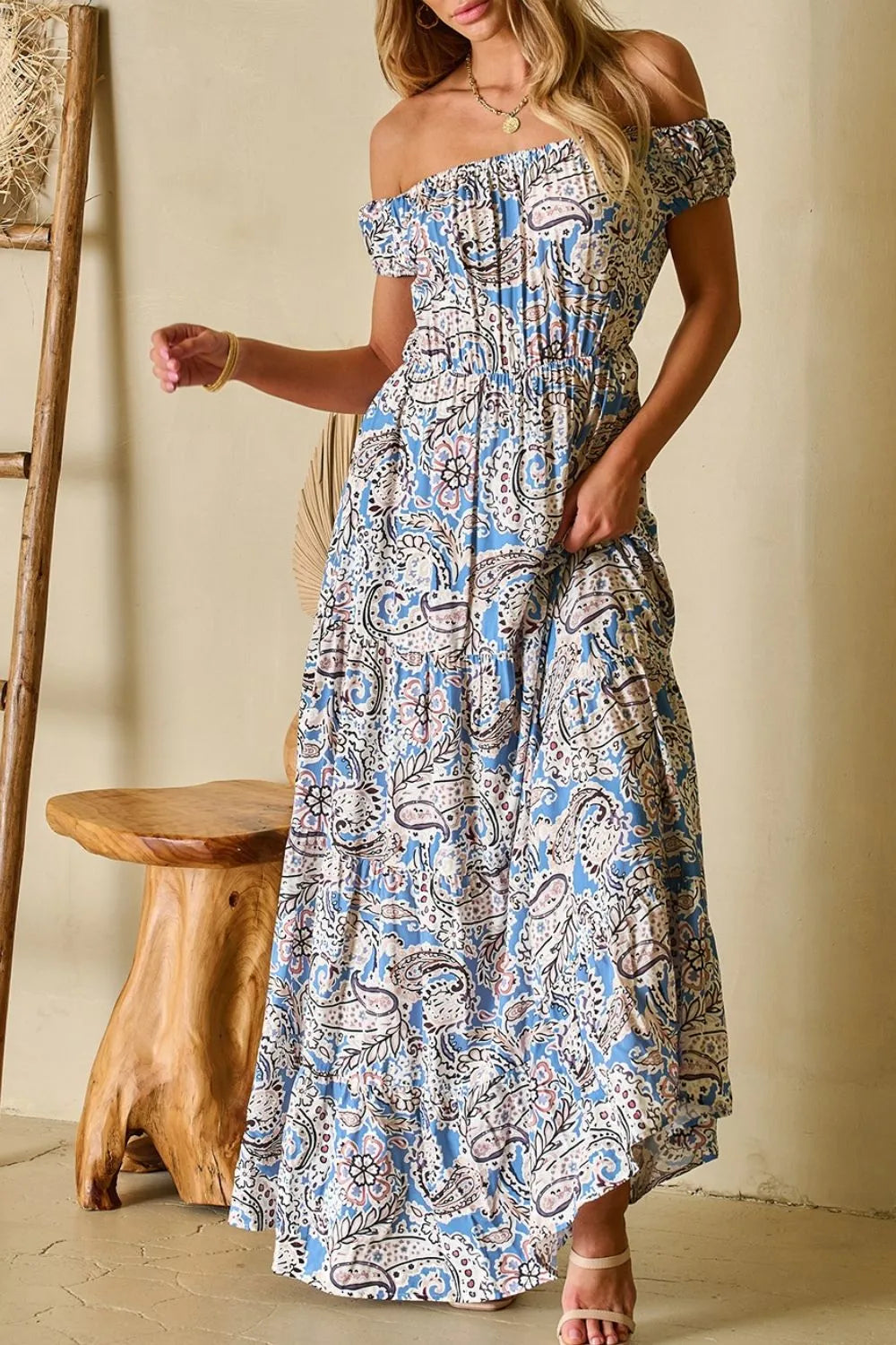 boho off the shoulder maxi dress Paisley Print Dusty Blue / XL Spring/Summer Color Size:0-3m Web Collection: New In Adalyne Lace Halter Maxi