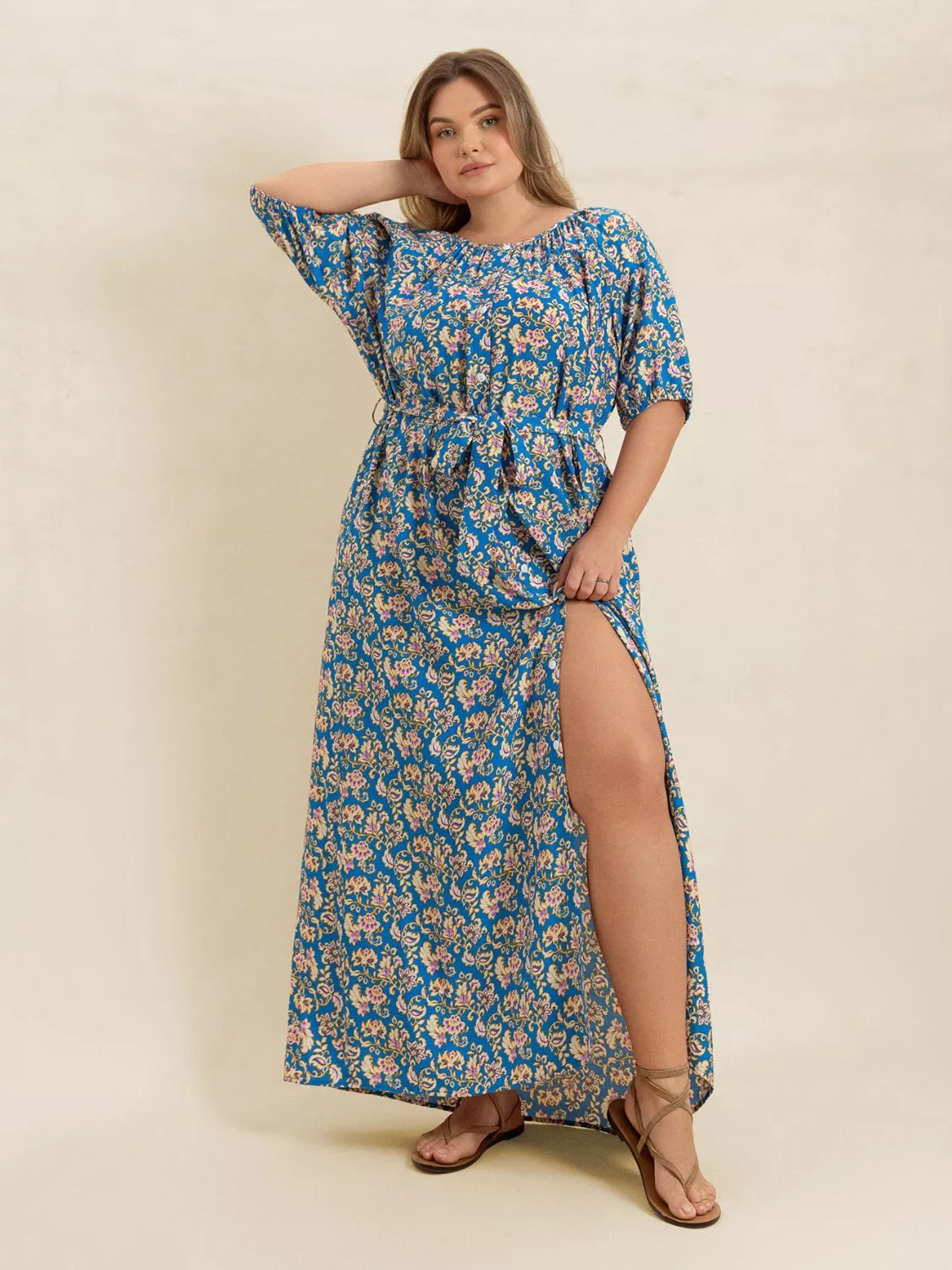 chinese dress ladies Plus Size Printed Pattern Side Slit Rib Knit Maxi Dress main image 1