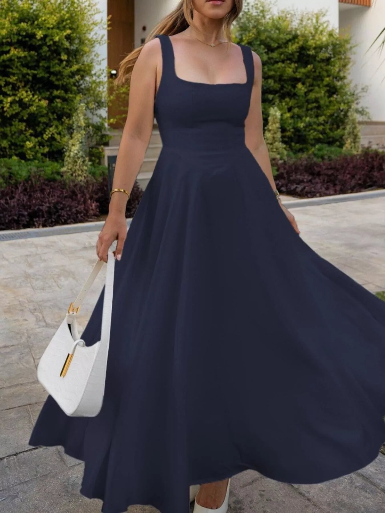 Square Neck Wide Strap A-Line Dress Navy Blue / S